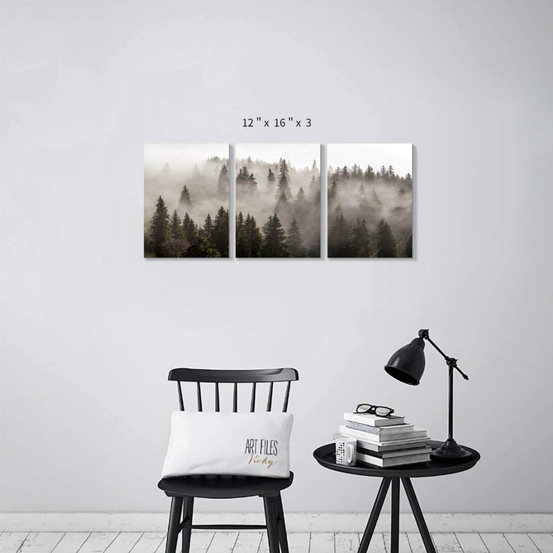 Hardy Gallery Foggy Forest Picture Wall Art: Landscape Painting Misty Pine Trees Artwork Print on Canvas for Kids Rooms(16"x12"x3pcs) - Image 2